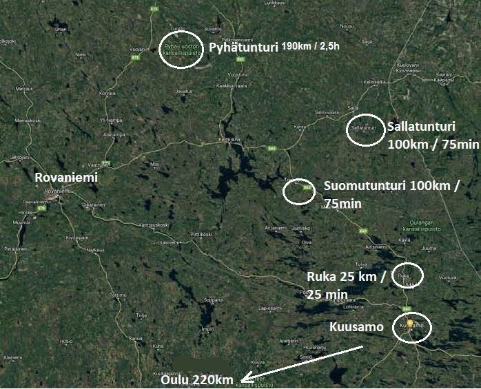 27 Kuusamossa on toimiva lentoasema ja lisäksi lähialueella, Rovaniemellä ja Oulussa, on vilkkaasti liikennöidyt lentoasemat.