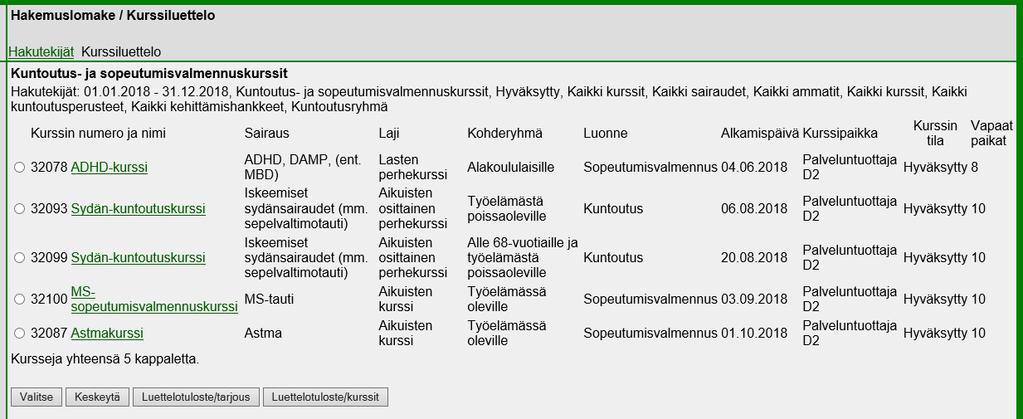 9 2.2 Kurssiluettelo Suorita haku -valinnan jälkeen järjestelmä muodostaa annettujen hakutekijöiden mukaisesti kurssiluettelon, josta kurssi voidaan valita katseltavaksi tai täydennettäväksi.