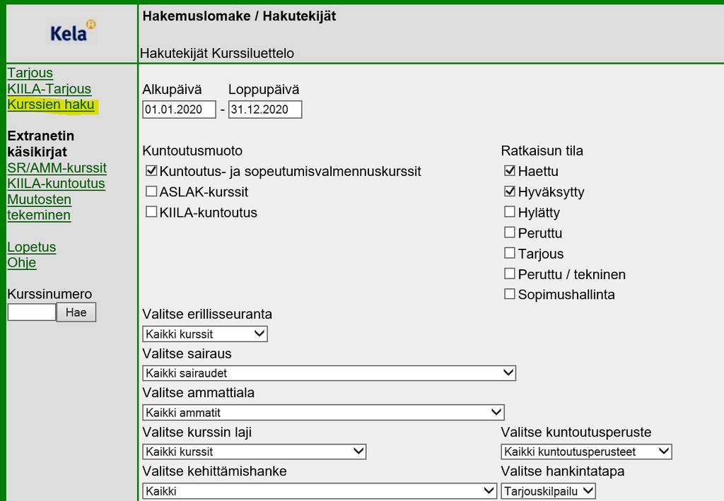 6 2 Kurssitietojen tarkistaminen ja täydentäminen 2.1 Hakutekijät Kurssien tarkistaminen ja täydentäminen aloitetaan navigointipalkissa olevilla toiminnoilla.