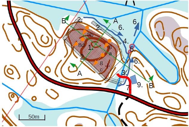 SUUNNITELMA KARTTA 1. Ottamisalue 2. Kaivannaisjäte pengerrys 3. Murskeen läjitysalue 4. Keruuoja 5. Saostus altaat 6. Veden virtaus suunta 7.