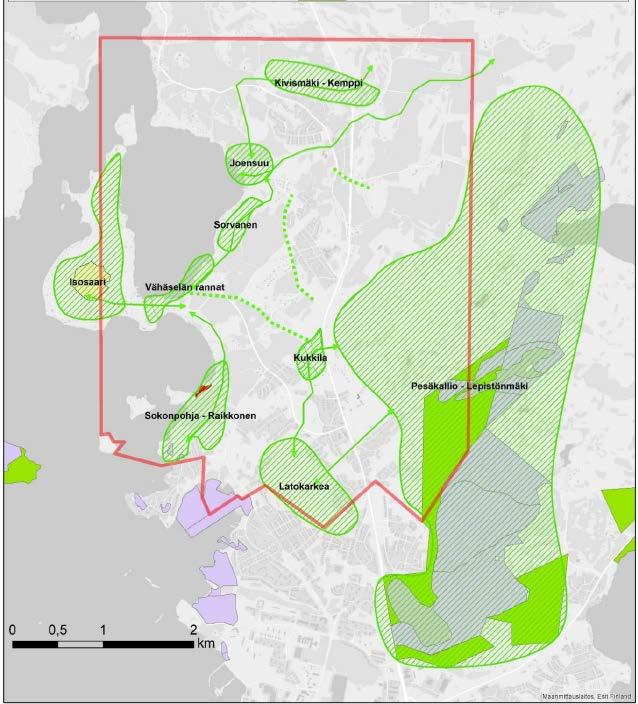 Kuva: Kukkilan luonnon ydinalueet ja viherverkko. Kasvillisuus Suunnittelualue sijoittuu eteläboreaaliselle vyöhykkeelle ja siinä edelleen vuokkovyöhykkeen eli Lounaismaan alueelle.