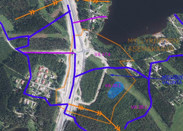 Kuva 5. Äänekosken hulevesiselvitys on tehty asemakaava-alueille (Ramboll Oy, 17.2.2020). Kuvassa on ote selvityksen liitteenä olevasta kehittämistoimenpide-kartasta.