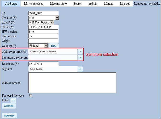 30 Table 4.1) are filtered according to the text written inside them. This makes it easier to find appropriate symptoms for the phone. Figure 5.1 Add case view.