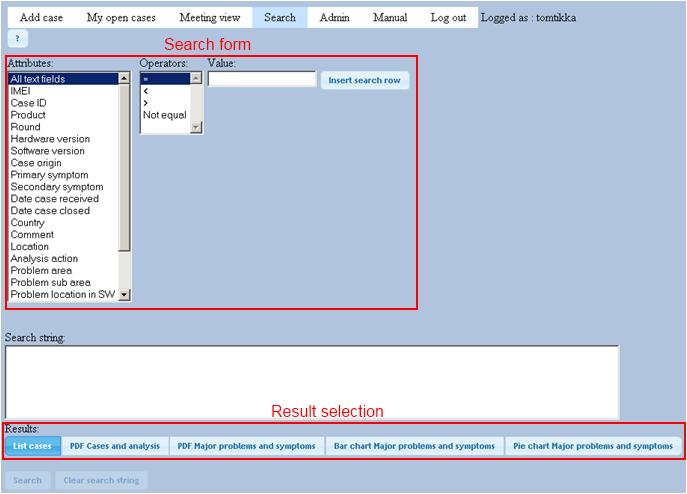 31 Figure 5.3 Search view. Admin view (Figure 5.4) is used to maintain the application. Management console uses the DataTable to display the managed items.