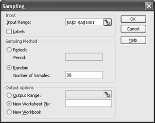valitset analyysityökaluista Sampling (Otanta), niin pääset Sampling (Otanta) -valintaikkunaan: Otanta-ikkunassa määritetään: Input Range (Syöttöalue) sisältää viittauksen luettelon numeroihin.