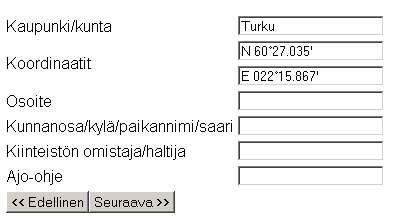 Saat lopputulokseksi sivun, jossa on jokseenkin tarkat koordinaatit kartalla valittuna olleeseen kohtaan. Nämä esimerkkikoordinaatit johtavat keskelle Turun Kauppatoria.