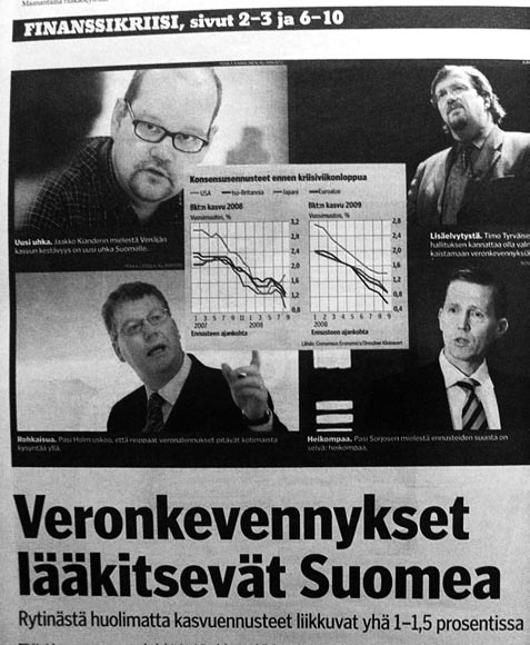 Kaikki toistaiseksi hyvin 141 Kuva 5.1. Jaakko Kiander (PT), Timo Tyrväinen (Aktia), Pasi Holm (Pellervo) ja Pasi Sorjonen (Etla) arvioivat ja ottavat kantaa. (KL 17.9.