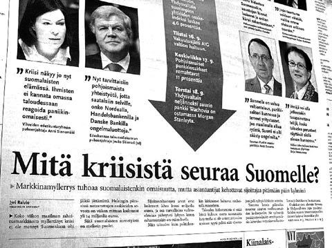 50 Kaikki toistaiseksi hyvin Toisaalta lehdessä etsitään yhä merkkejä ja perusteita sille, miksi kriisi ei ehkä kuitenkaan tulisi murjomaan kotimaata kovalla kädellä, esimerkiksi Nordea-pankin Lehman