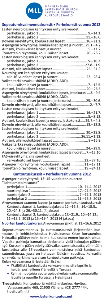 Sopeutumisvalmennuskurssit (perhekurssit) (KELA) 10.03.-16.03.2012 ADHD lasten (10-16 v.) perhekurssi 30.07-05.08.2012 ADHD lasten (alle 10 v.) perhekurssi; jatko-osa 10.01-13.01.2013 29.09-05.10.2012 ADHD lasten (alle 10 v.) perhekurssi; jatko-osa 11.