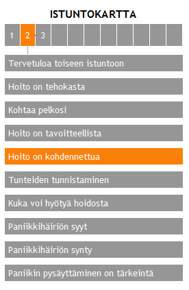 kuva 12: Istuntokartassa oranssi väri kertoo, että tällä hetkellä ollaan istunnossa kaksi ja osiossa Hoito on kohdennettua.