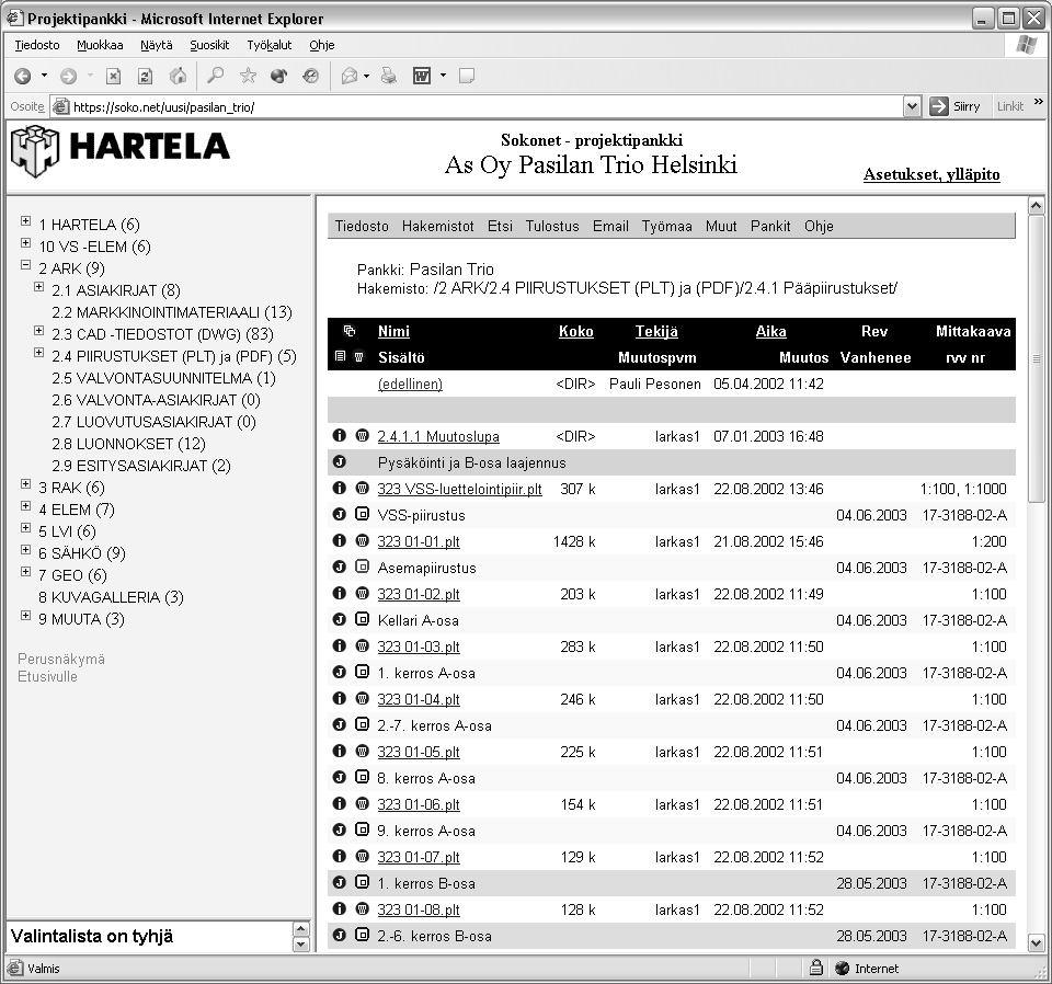 Projektipankin tietoja hallitaan kansiorakenteen ja tiedostojen metatiedon avulla. Projektin osapuolille ja tärkeimmille asiakokonaisuuksille on yleensä perustettu omat kansionsa.