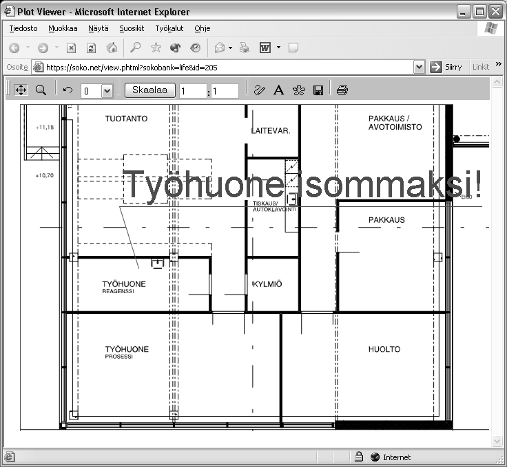 Kuva 8. Suunnitelma avattuna näyttöruudulle ja siihen työmaalla tehdyt kommentit. Suunnitelmaa voidaan liikutella ja suurentaa/pienentää näyttöruudulla helposti.