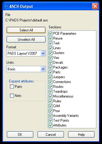 Tällöin emme tarvitse erillistä centroid-tiedostoa, joka sisältää tarvittavat koordinaatit. Native CAD -tiedosto saadaan esimerkiksi PADS Layout -ohjelmasta kohdasta File -> Export.