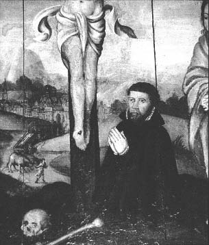 132 Kuva 37: Polvistunut lahjoittaja ja taustalla hautajaissaatto, yksityiskohta Margareta Jussoilan epitafimaalauksesta, 1500- ja 1600-lukujen vaihde. Öljyväri puulle. Rauman kirkko.