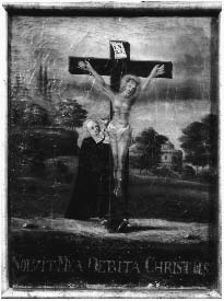 214 Kuva 72: Kalkkia kädessään pitävä pappi ristiinnaulitun Kristuksen ristin juurella, 1700- luku. Öljyväri kankaalle, 62 x 47 cm. Hauhon kirkko. Kuva: Museovirasto.