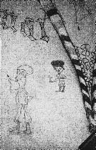 62 Kuva 8: Kaksi profaania miesfiguuria, 1400-luku. Kalkkimaalaus. Maarian kirkon eteläseinän neljäs holviväli. Kuva: Tuija Tuhkanen.