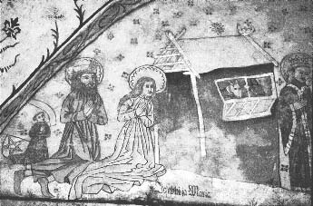 80 Kuva 20: Jeesuksen syntymä ja lahjoittajafiguuri, 1460-1480. Kalkkimaalaus. Taivassalon kirkon pohjoisseinän toinen holviväli. Kuva: Tuija Tuhkanen.