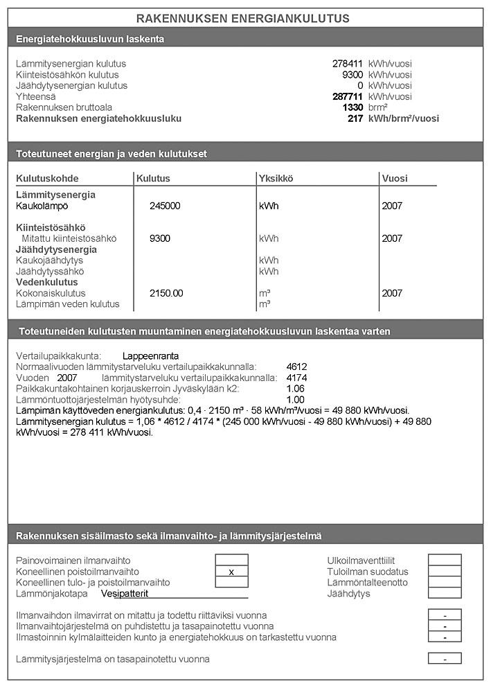 Kuva 4. Erään kerrostalon isännöitsijäntodistuksen osana annettu energiatodistus. 153 keväällä 2011 yhteensä 540 henkilöä, joilla on pätevyys erillisen energiatodistuksen tekemiseen.