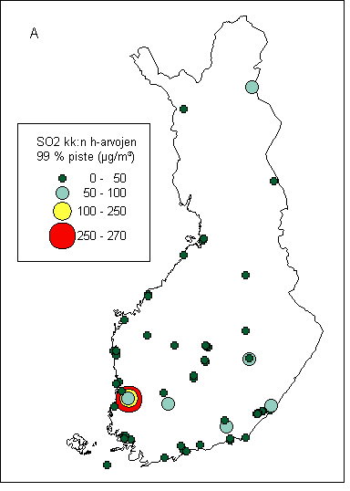 94 Liite 9. Ohje- ja raja-arvoihin verrannolliset SO 2 -pitoisuudet v. 2 asemittain.