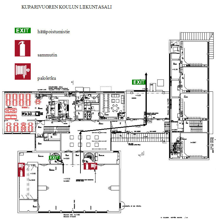 Kuparivuoren koulun liikuntatila Paikkakunta/lähiosoite: Naantali, Kuparivuorentie 2 (lukee keltaisessa kyltissä seinällä) Kerros/poistumistiemäärä: 3 kerrosta / 2