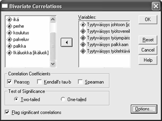 SPSS OPAS 19 6 KORRELAATIO 1. Valitse valikkokomento Analyze - Correlate - Bivariate, jolloin aukenee Bivariate Correlations -valintaikkuna. 2.