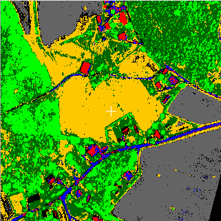 82 tarkoittaa, että luokittelutulos on 82 prosenttia parempi, kuin mitä satunnaisella luokittelulla olisi saatu. 7.6.1. Spectral Angle Mapper sekä Spectral Correlation Mapper (a) (b) Kuvat 7.