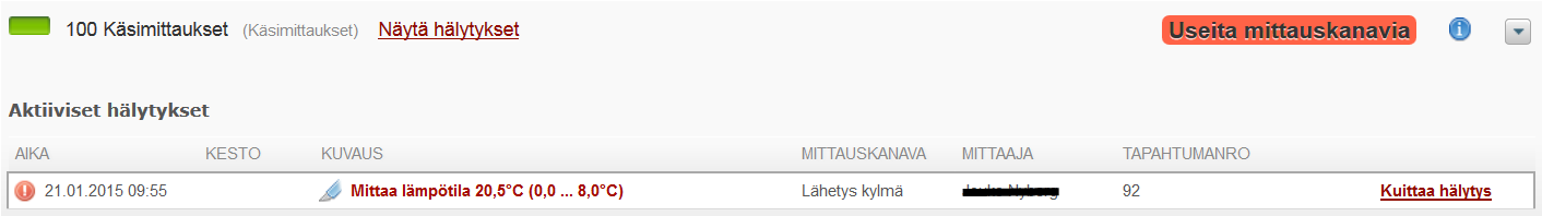 Hälytyssivulta saat yhteenvedon aktiivisista hälytyksistä ja tehtävistä. Jokainen hälyttävä mittauspiste näkyy hälytyssivulla omalla rivillään, samoin kuin Kokonaiskuva-sivulla.