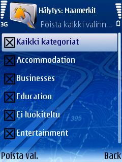 Valitse maamerkkikategoria. Voit käyttää oletushälytystä tai mukauttaa valittua maamerkkikategoriaa koskevan ilmoituksen tietoja.