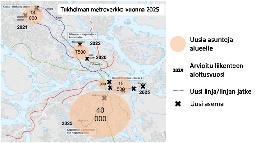 Kuvio 14. Tukholman seudun nykyinen metroverkko ja sen laajennus, uudet asemat ja uudet asunnot. Lähde ja karttapohja: Stockholmsförhandlingen, 2013.