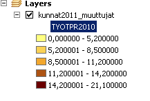 Oletusarvoilla tuotettu kuntapohjainen teemakartta ArcMapissa. 8.2.1.2. Luokittelu 1.