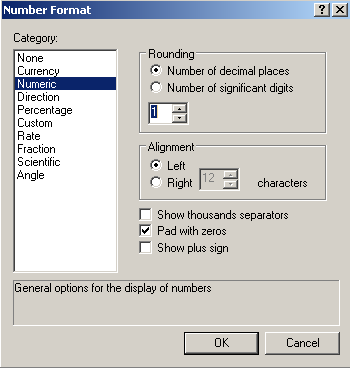 42 2. Number Format ikkunassa aktivoidaan Category-listalta Numeric (ellei ole jo valmiiksi aktiivinen), jolloin Roundingmäärityksissä voidaan asettaa haluttu desimaalitarkkuus selitteitä varten.
