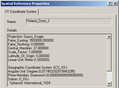 62 Koordinaattijärjestelmää koskevat tiedot tulevat nyt näkyviin Spatial Reference Properties ikkunan Details-kohtaan (kuva 86).
