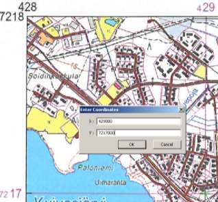 79 11. Kirjoitetaan karttakoordinaatit Enter Coordinates ikkunan kenttiin (kuva 115). X- kohtaan laitetaan kartan yläreunasta luettava ns.