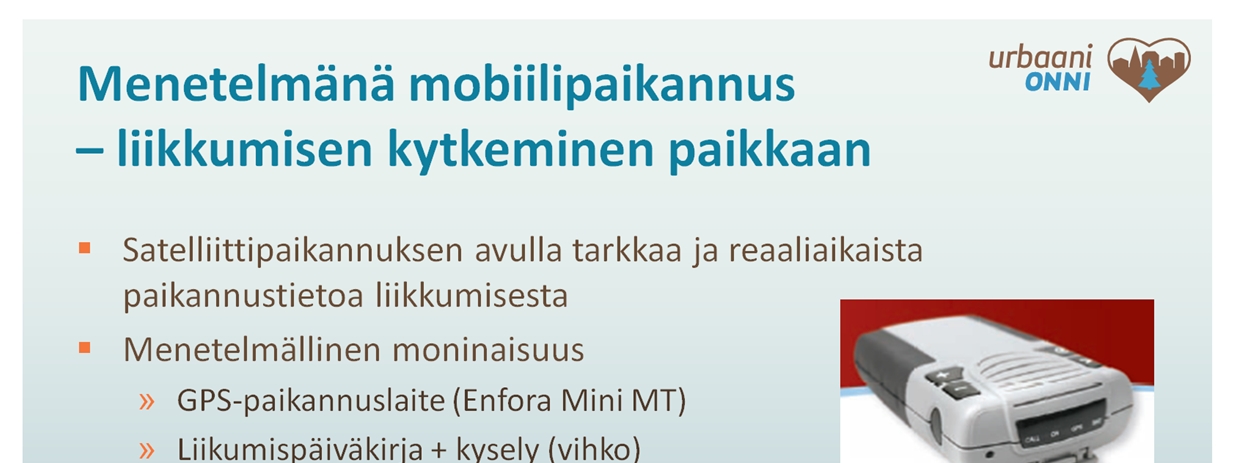 Liikkumisen tutkimuksessa usein hyödynnettyjä menetelmiä ovat haastattelut, kyselyt, liikkumispäiväkirjojen täyttäminen, havainnointi, valokuvaus sekä uudemmat satelliittija mobiilipaikannukseen