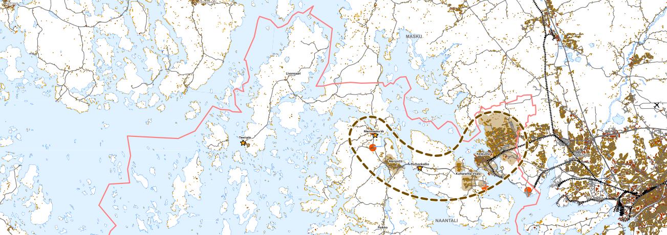 Kuva. Vaihtoehto Siltakaupunki. Kanta-Naantalin alueelle luodaan tiivis kaupunkirakenne, joka mahdollistaa monipuoliset ja hyvin saavutettavat palvelut.