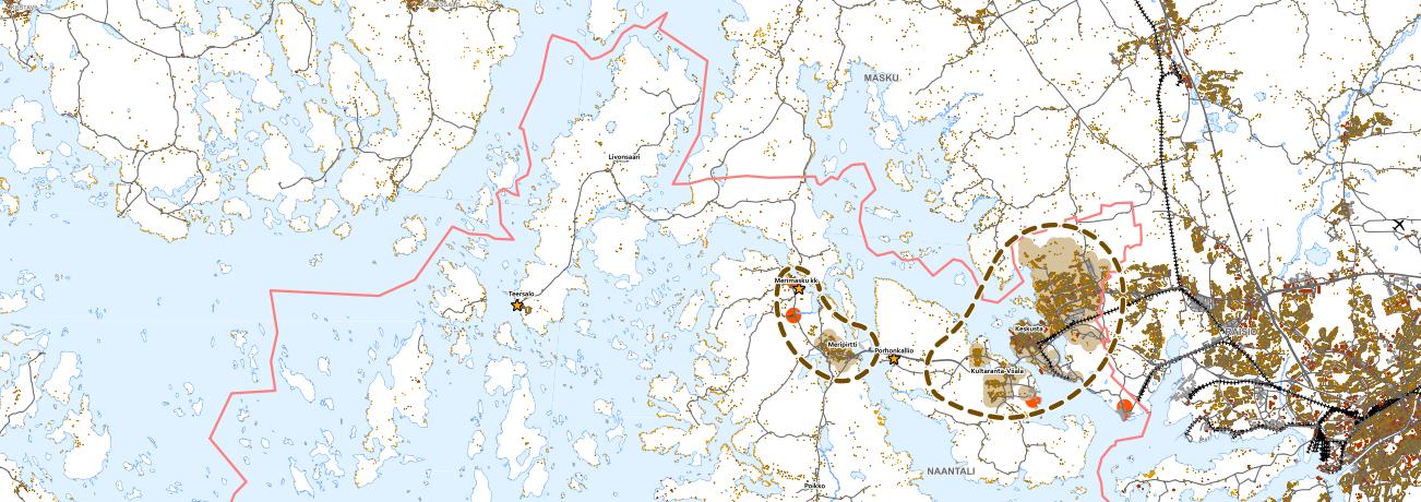 3.3.3 Saaristokaupunki Väestönkasvusta 90 % (= 4500 asukasta) sijoitetaan Kanta-Naantaliin (Naantalin keskusta ja Luonnonmaa), Merimaskun kirkonkylän-hellemaan alueelle sekä Rymättylän kirkonkylään.