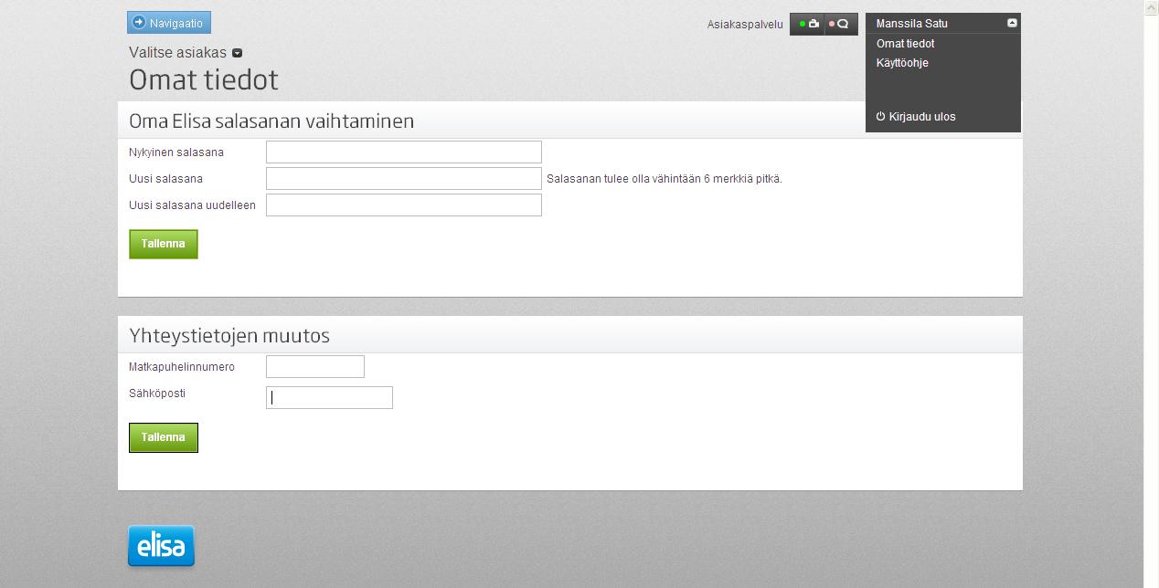 Oma Elisa tunnuksen salasanan vaihto Salasana vaihdetaan Oma Tiedot
