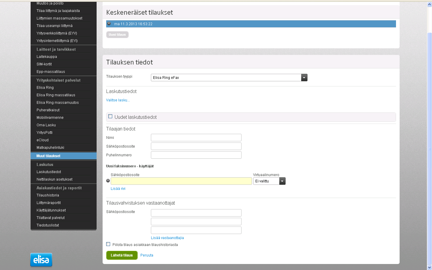 Muut tilaukset: Elisa Ring efax Tilaa efax: 1. Valitse laskutustiedot tai luo uudet laskutustiedot. 2.
