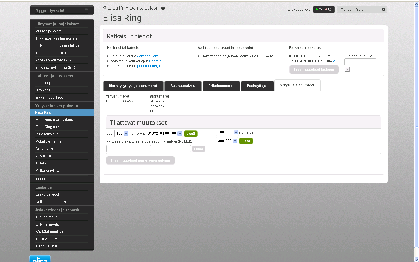 Elisa Ring -välilehti Yritys- ja alanumerot välilehdellä näkyy yrityksen numerointi sekä