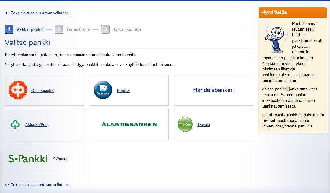 Omat sivut / kirjautuminen pankkitunnuksilla Asiakas valitsee