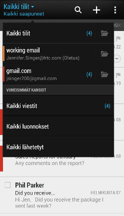 155 Sähköposti Sähköposti Sähköpostin tarkistaminen Sähköposti-sovelluksella luetaan, lähetetään ja organisoidaan sähköpostiviestejä yhdeltä tai useammalta sähköpostitililtä, jotka olet asettanut HTC