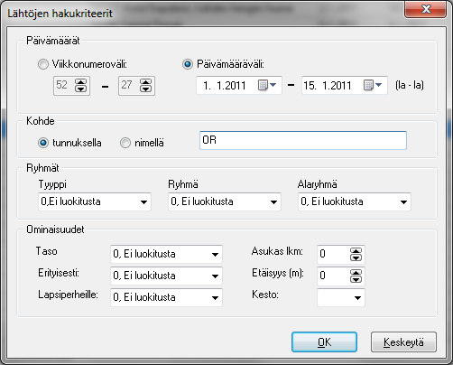 Hakulomakkeelle täytetään päivämääräväli, jolle halutun matkan lähtöpäivä osuu. Jos molempiin kenttiin laitetaan sama päivä, haetaan vain po.