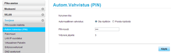 PIN-koodin käyttöönotto / poistaminen Voit ottaa ottaa PIN-koodin kyselyn käyttöön E5776-reitittimen hallinnasta seuraavasti: Asetukset > Suojaus > Autom.