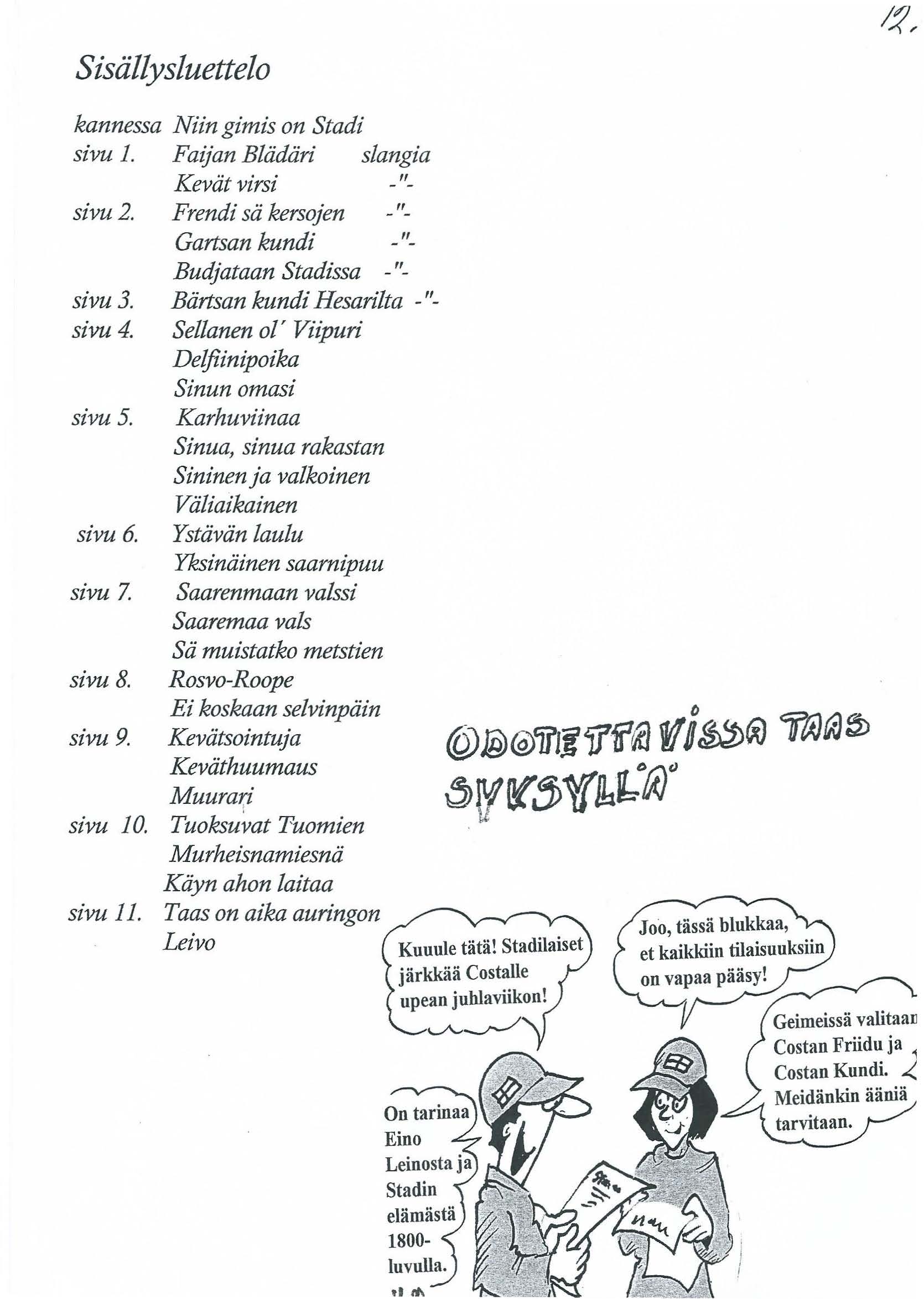 Sisallysluettelo kannessa Niin gimis on Stadi sivu l. Faijan Bliidiiri slangia Keviit virsi " sivu 2. Frendi sii kersojen " Gartsan kundi " Budfataan Stadissa " sivu 3.