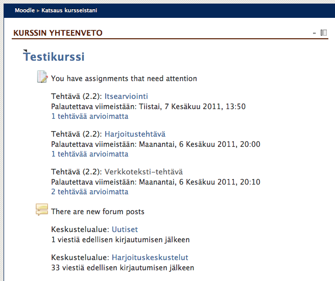 Oma sivu moodlessa kerää kaikkien kurssien tapahtumia ja