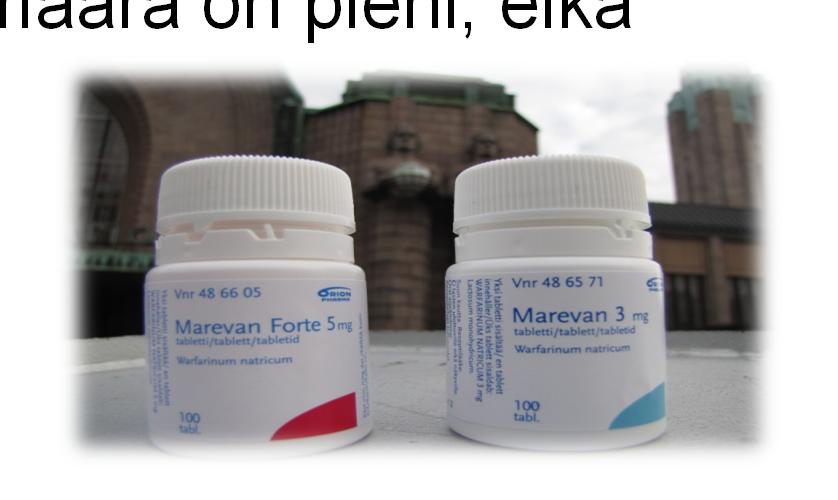 Marevanin annostelu Varfariinihoidossa olevan potilaan vuorokaudessa tarvitsema määrä Marevania vaihtelee yksilöllisesti (vaihteluväli 1 mg 40 mg) Marevan 3 mg (sininen) Marevan Forte 5 mg
