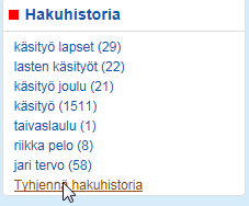 6 - Voit poistaa hakuhistorian painamalla Tyhjennä hakuhistoria -painiketta: Rajaa hakutulosta - Voit rajata hakutulosta sivuston oikeasta reunasta.