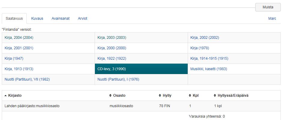 Valittuna oleva aineistomuoto näkyy vihreällä taustalla: - Saatavuudessa näkyvät: kirjasto ja osasto, missä teos on saatavilla, hyllypaikka, kappalemäärä, ja onko teos hyllyssä vai lainassa.