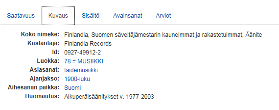 9 - Kuvaus -välilehdellä näkyvät teoksen luettelointitiedot: - Sisältö välilehdellä näkyvät