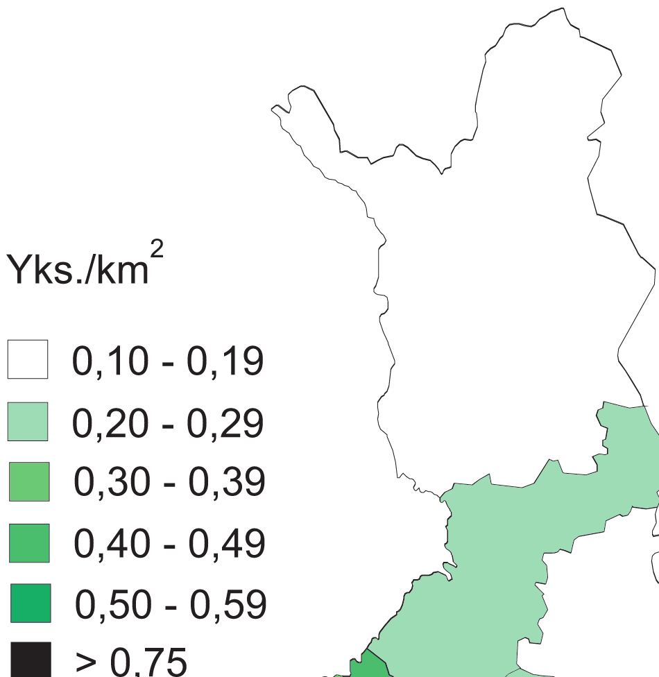 12 RIISTA- JA KALATALOUS SELVITYKSIÄ 3. Kettu 3.1. Kettukanta tihein lounaassa Kettukanta on tihein maan lounaisosissa. Erityisen tiheä se on Varsinais-Suomessa (kuva 3).